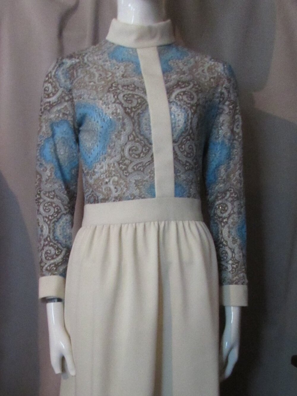 Vintage 1970 Era Long Dress Sears Fashions Blue Paisley White Skirt